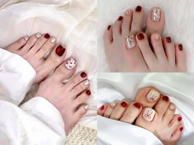Mẫu móng chân đón Tết tone đỏ