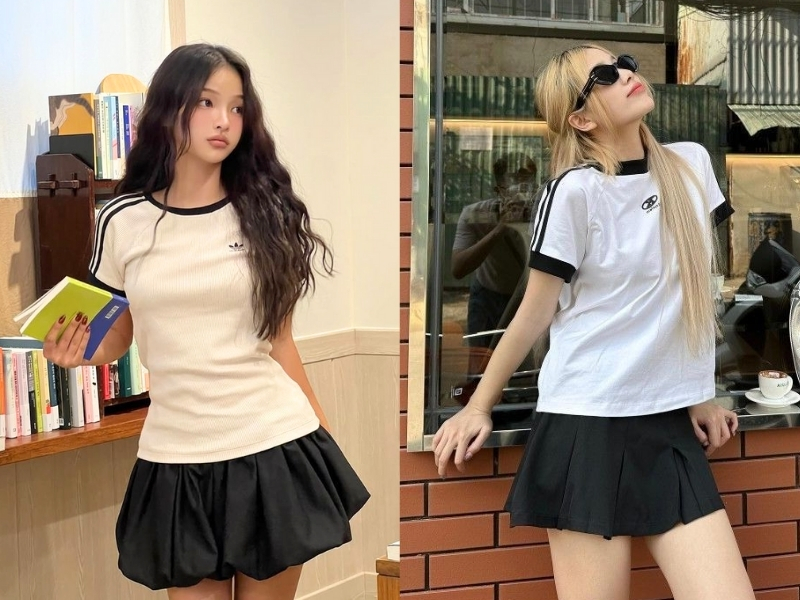 Phối đồ với chân váy xòe đen cùng áo thun basic