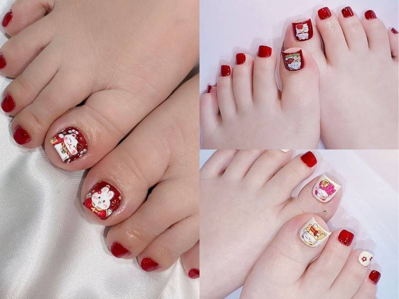 Mẫu sơn móng chân Tết hoạt tiết mèo thần tài