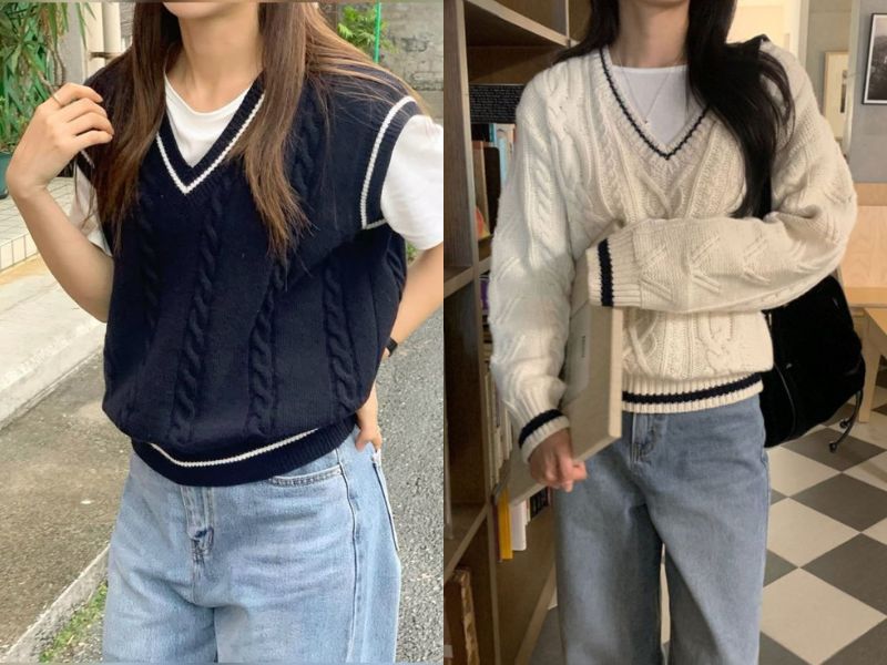 Áo gile len kết hợp áo thun trơn