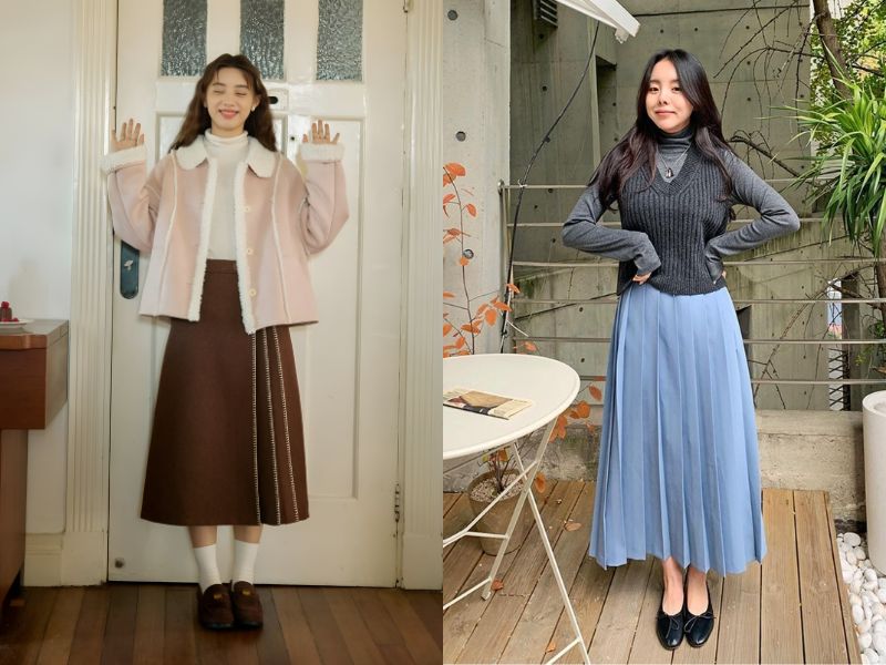 áo len cổ lọ với chân váy dài