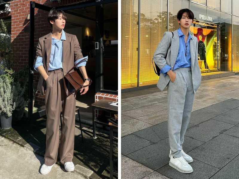 Áo blazer và quần ống rộng với sơ mi nam
