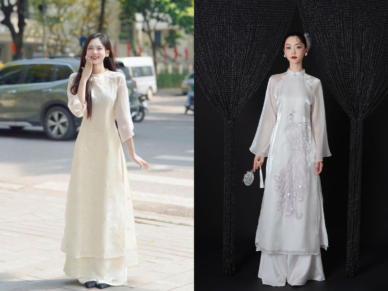 phối áo dài trắng ngà cùng quần tone trắng hoặc ngà