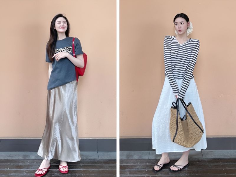 Phối chân váy dài và dép dây
