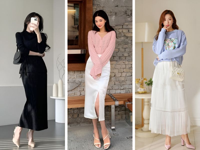 Phối chân váy dài và giày cao gót 