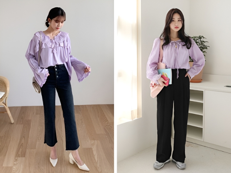 Phối áo màu tím và quần màu đen