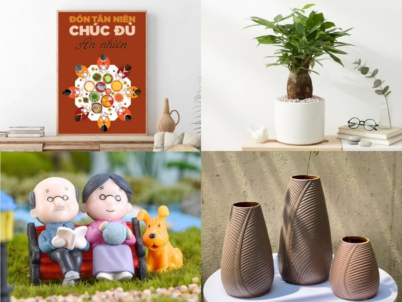 Tranh treo tường Tết, bình hoa gốm, chậu cây để bàn, tượng decor