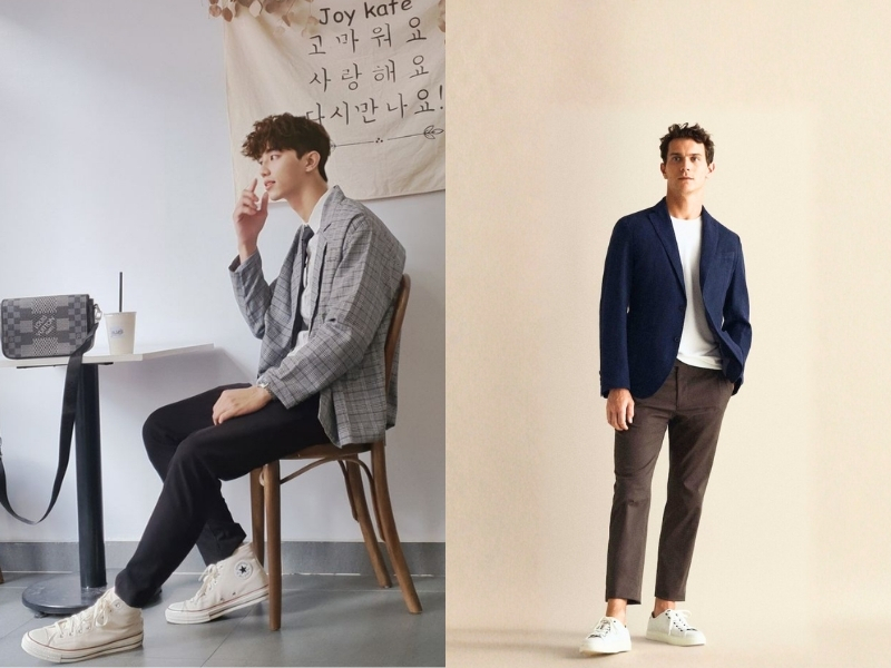 Phối áo blazer casual với áo thun trơn và quần chinos