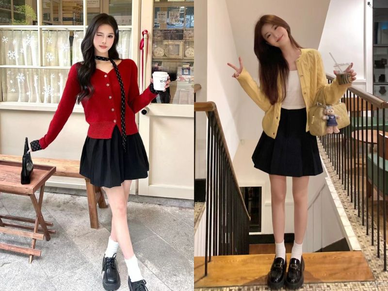 áo cardigan với chân váy chữ a