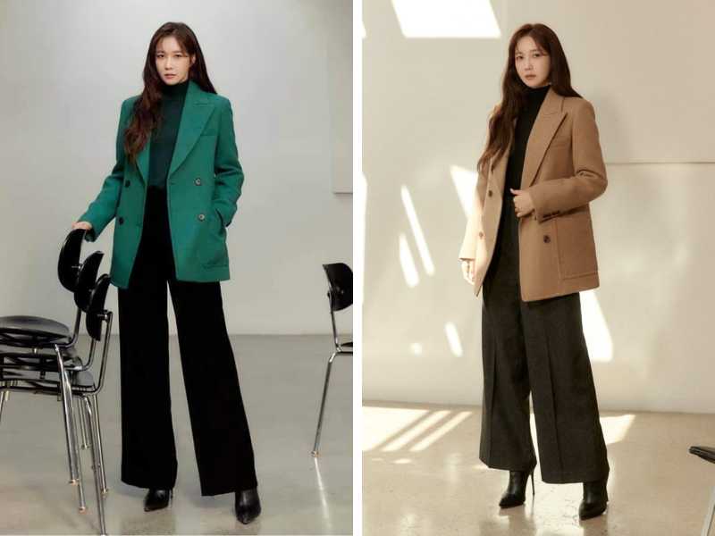 Áo blazer mix quần ống rộng vá áo cổ lọ