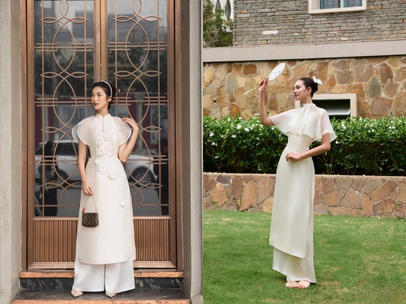 Áo dài trắng cách tân với tay cánh tiên hoặc tay choàng
