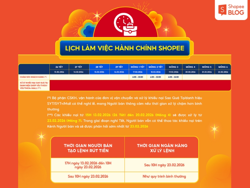 Lịch làm việc khối hành chính Shopee dịp Tết âm
