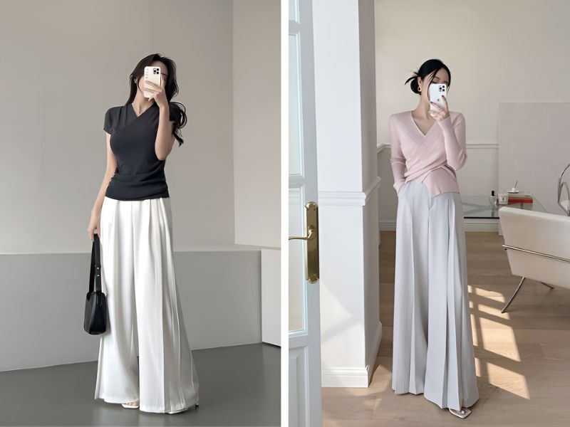 Phối áo cổ chữ V và quần giả váy dáng rộng