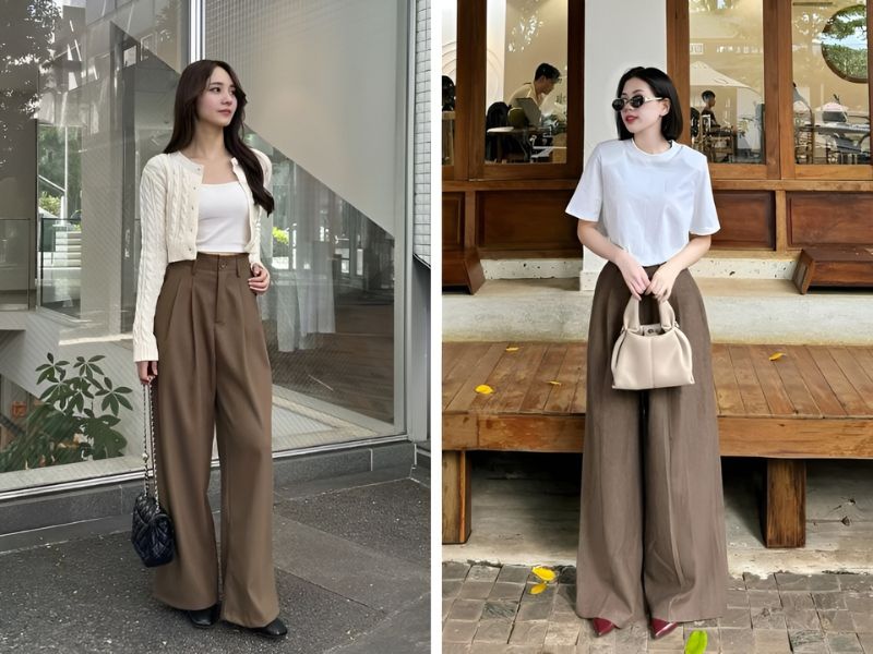 Phối áo trắng và quần nâu
