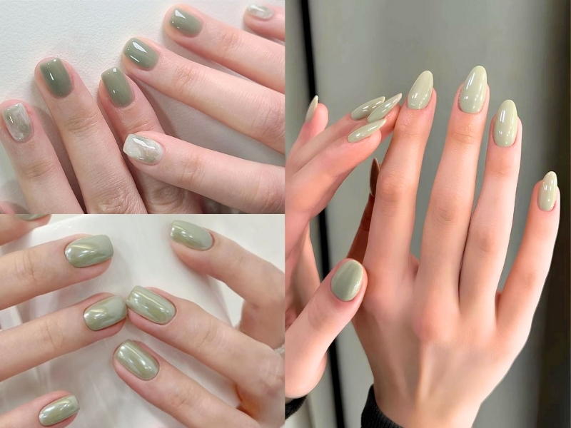 Nail xanh lá nhạt phối họa tiết đơn giản