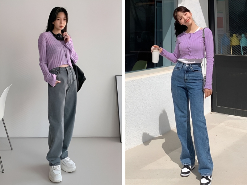 Phối áo croptop tím và quần jean 