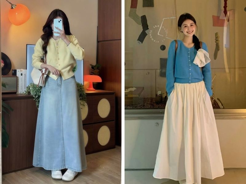 áo cardigan ngắn và chân váy dài cạp cao