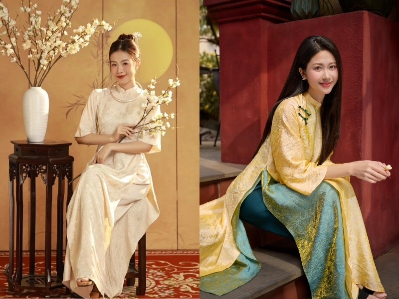 Áo dài vàng vải gấm sang trọng