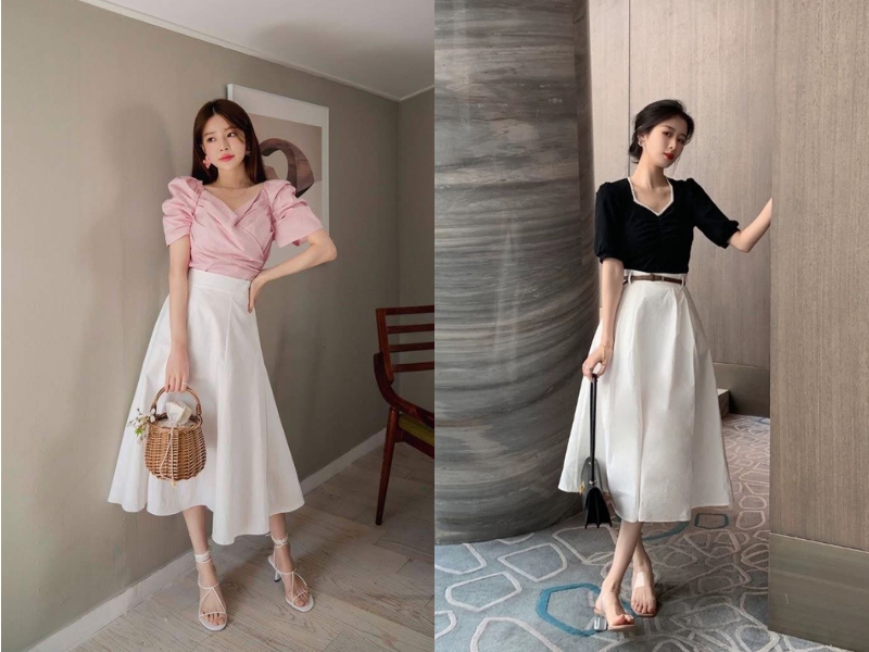 Váy chữ A mang giày cao gót dây mảnh