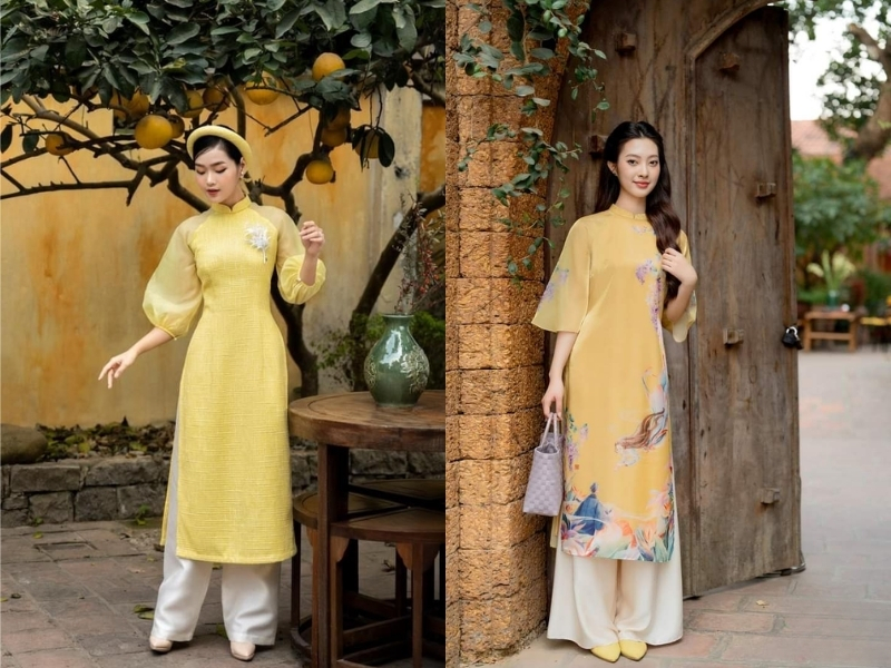 phối áo dài vàng với quần trắng
