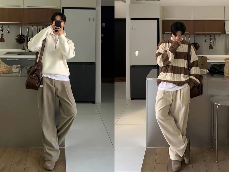 Phối áo sweater dáng rộng với quần vải ống suông màu xám 