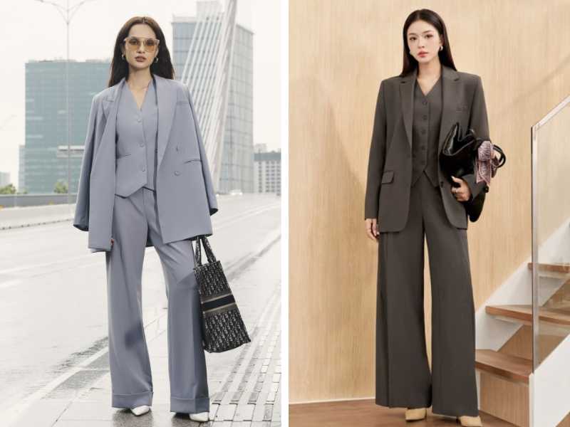 Áo blazer mix quần ống rộng và vest gile nữ