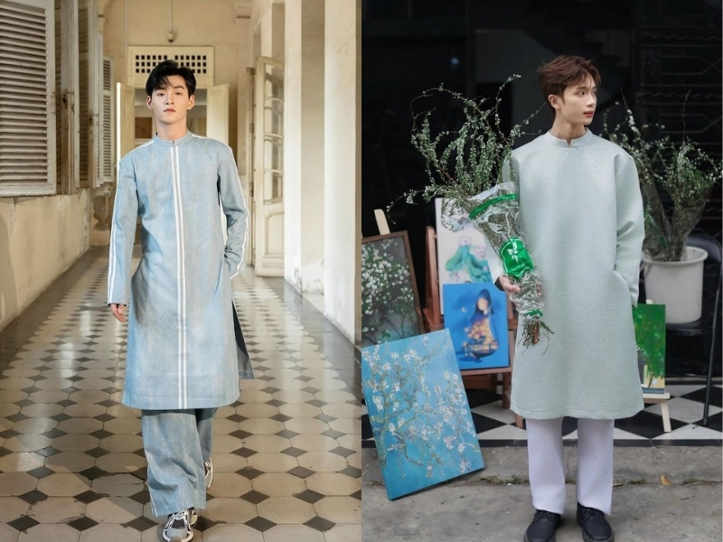 Áo dài nam tone xanh biển