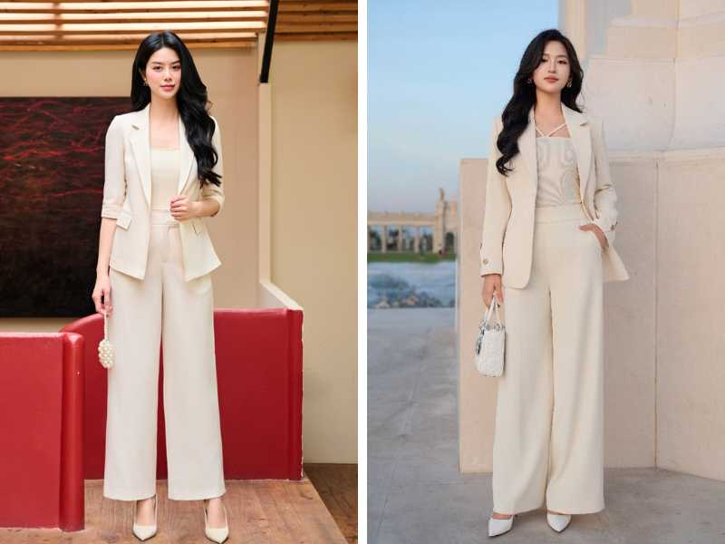 Phối blazer với quần ống rộng và áo cúp ngực
