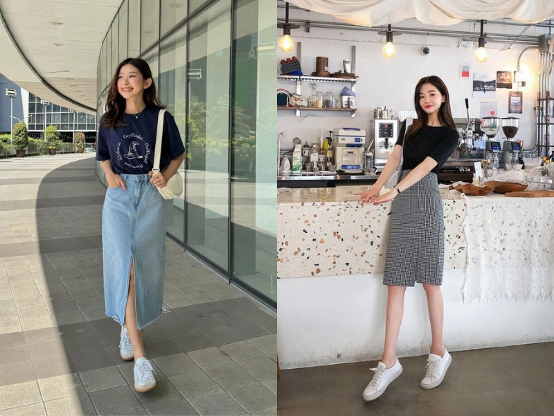 váy chữ A mang giày sneaker