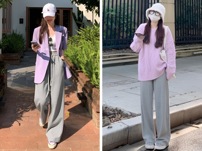 Phối áo tím và quần xám