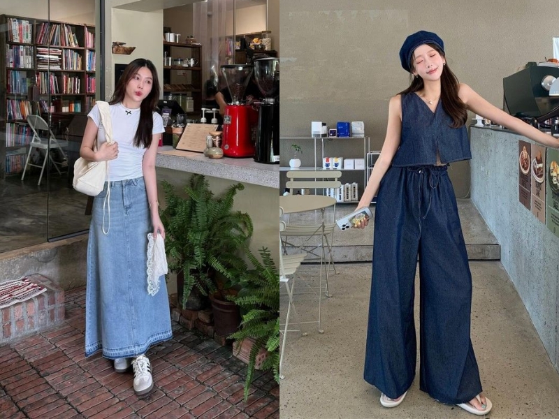 phối đồ đi chơi Tết với váy jean hoặc quần jean