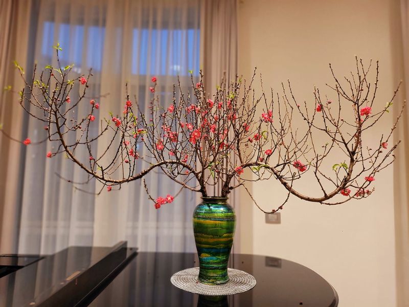 hoa đào cắm trong lọ trong phòng khách