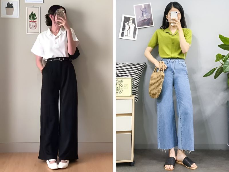 Phối quần ống suông và áo sơ mi tay ngắn