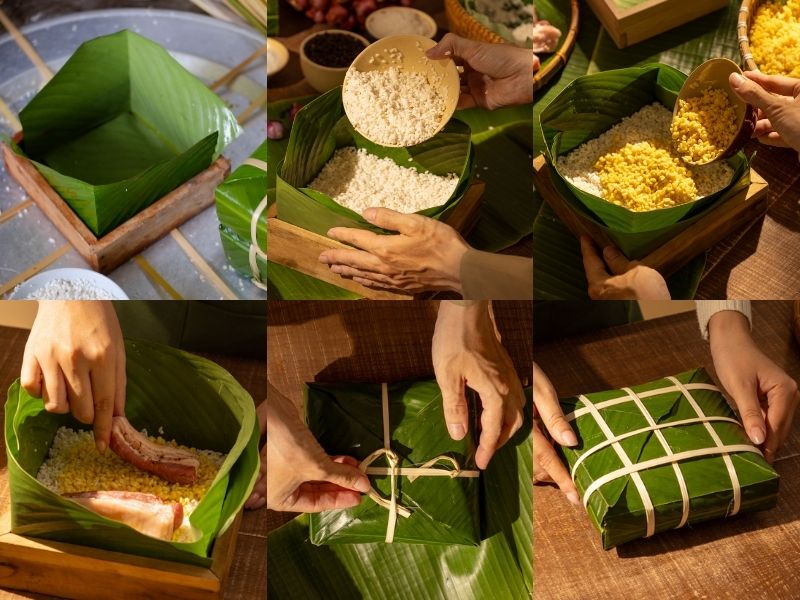 cách gói bánh chưng bằng lá chuối