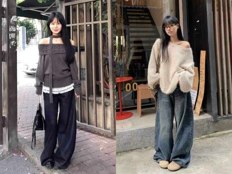 áo trễ vai với quần baggy