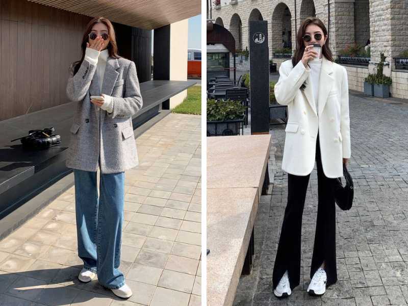 Mix áo blazer và quần ống rộng với áo len