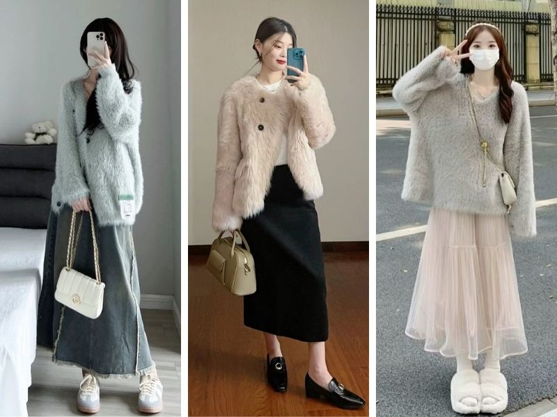 Phối áo khoác lông và chân váy dài