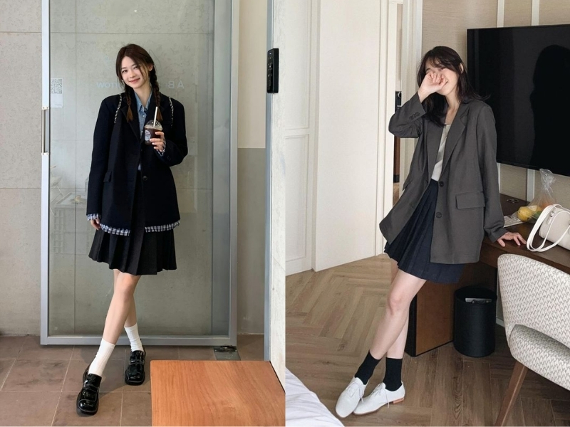 Chân váy xòe đen kết hợp với áo blazer