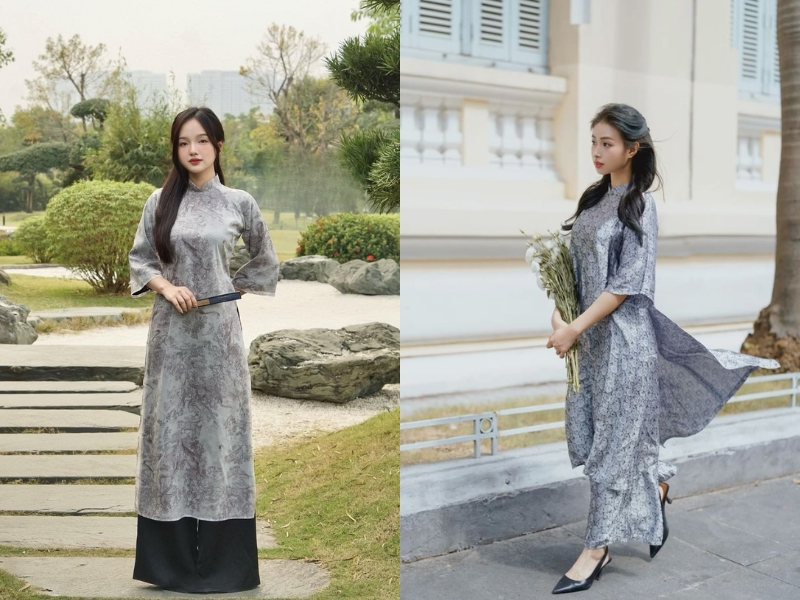 Áo dài xám vải gấm