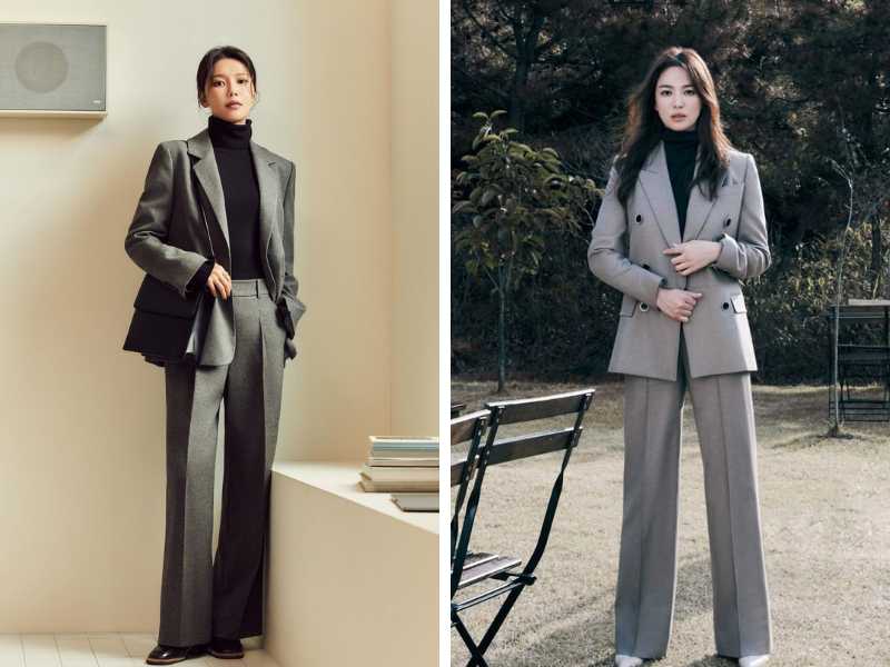 Áo blazer và quần ống rộng với áo cổ lọ