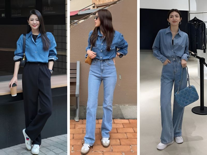 Phối quần ống suông và áo sơ mi denim