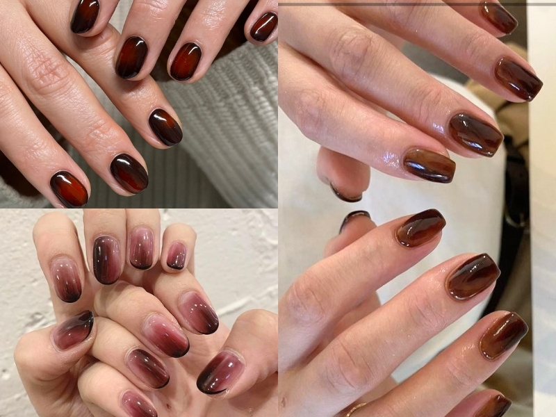 Nail đỏ phối ombre hoặc nhấn nhũ nhẹ