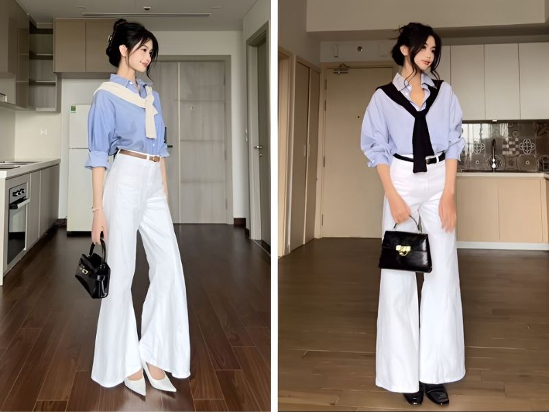 Phối áo sơ mi và quần ống suông cho nữ