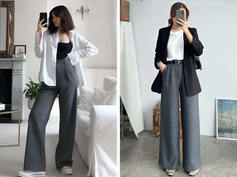 Phối áo trắng quần màu xám
