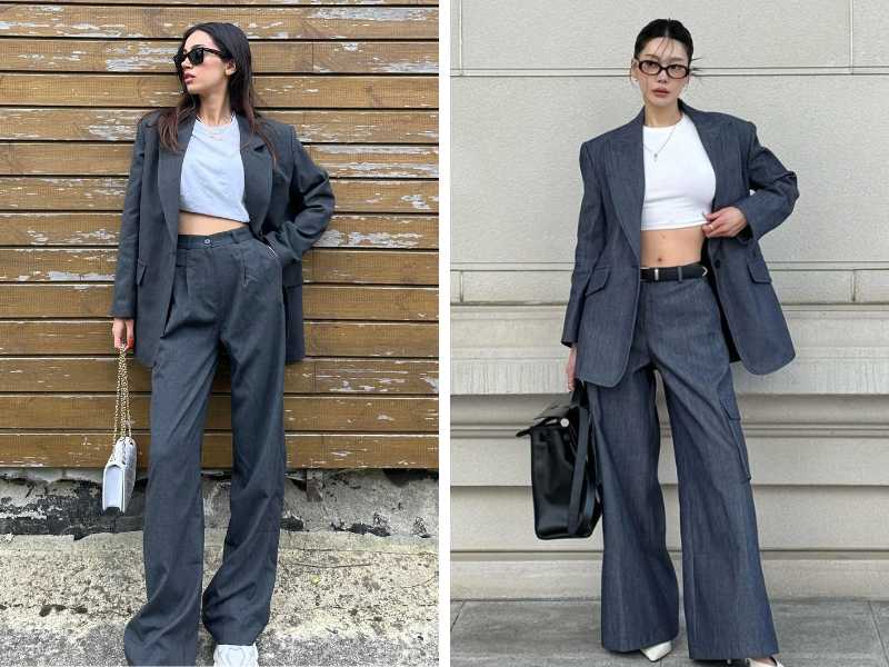 Phối áo blazer với quần ống rộng và croptop nữ