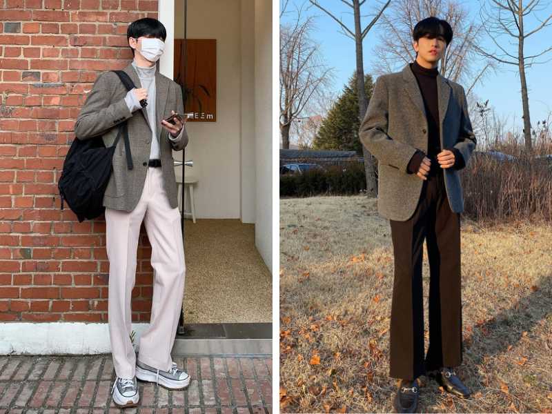 Phối áo blazer với quần ống rộng và áo cổ lọ