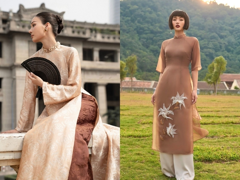 Áo dài nâu tone nhẹ cho nữ