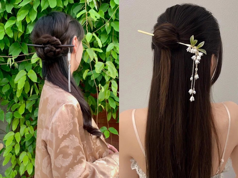 Tóc búi kết hợp với trâm cài 