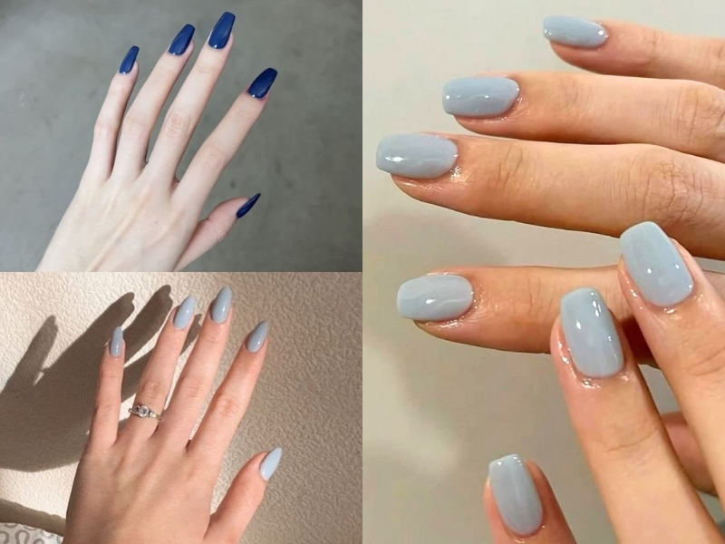 Nail xanh dương trơn tối giản