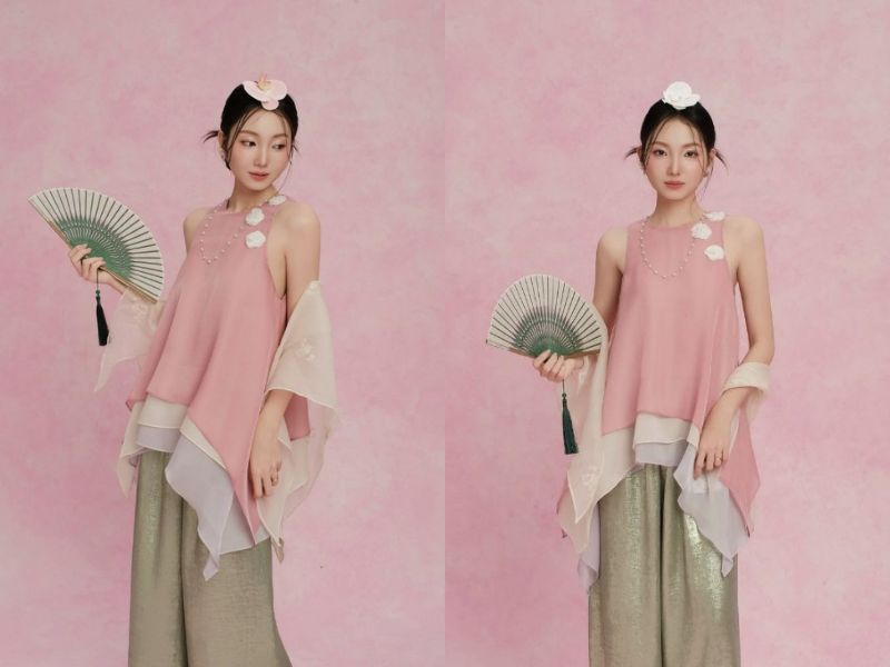 áo dài màu hồng phối với quần màu xanh lá